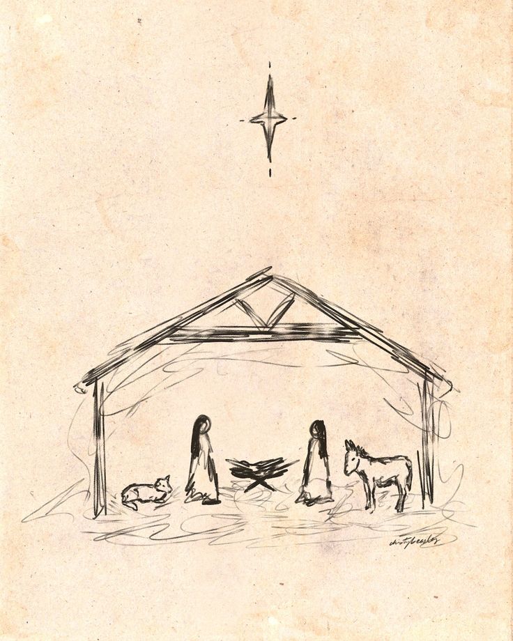 a drawing of three people in a manger surrounded by animals and a star above them