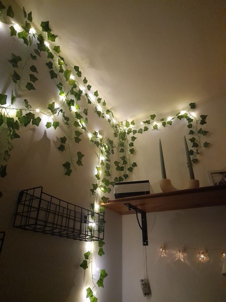 Room inpo teen girl fake leaves fairy lights sage green room ideas Green Leaves Aesthetic Room, Fake Ivy Decor Bedroom Ideas, Sage Green Room Ideas, Green Room Ideas, Sage Green Room, Jungle Bedroom Theme, Jungle Theme Rooms, Fairy Lights Room, Fake Leaves