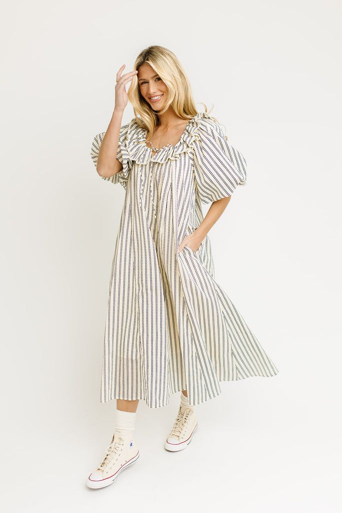 good luck puff sleeve dress // blue stripes *zoco exclusive* – shop zoco Striped Puff Sleeve Summer Dress, Puff Sleeve Maxi Dress, Queen Style, Beachy Outfits, Casual Maxi Dress, Cream Base, Puff Sleeve Dress, Beauty Clothes, Heels Boots