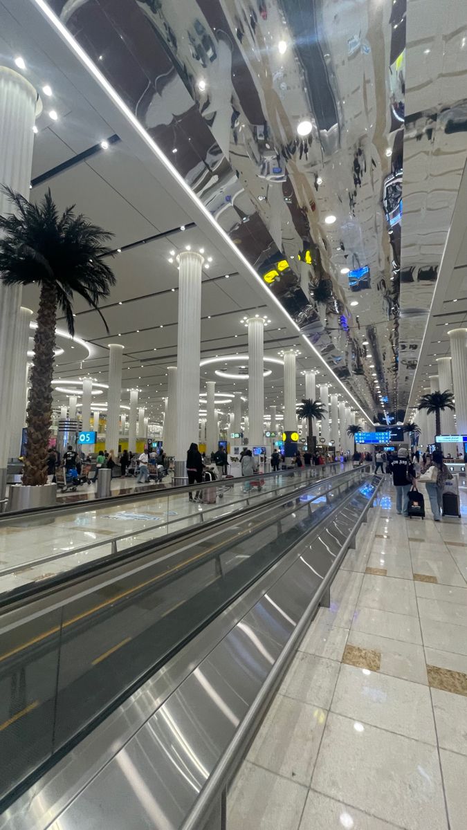 an airport filled with lots of luggage and people on escalator next to palm trees