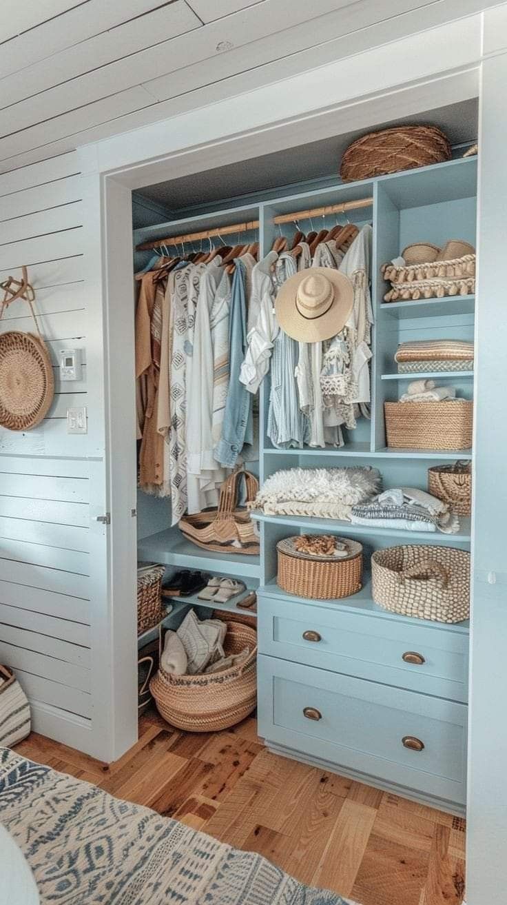 an open closet with clothes and baskets on the shelves