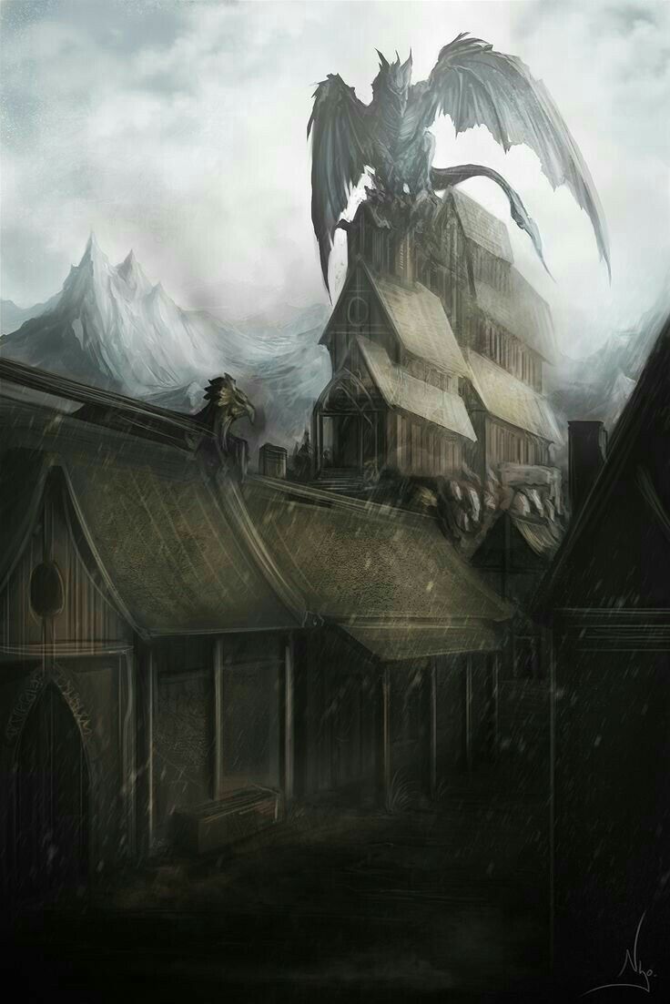 an artistic painting of a dragon on top of a building with mountains in the background