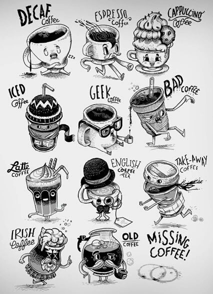 an image of coffee related items drawn by hand in ink and pen on white paper