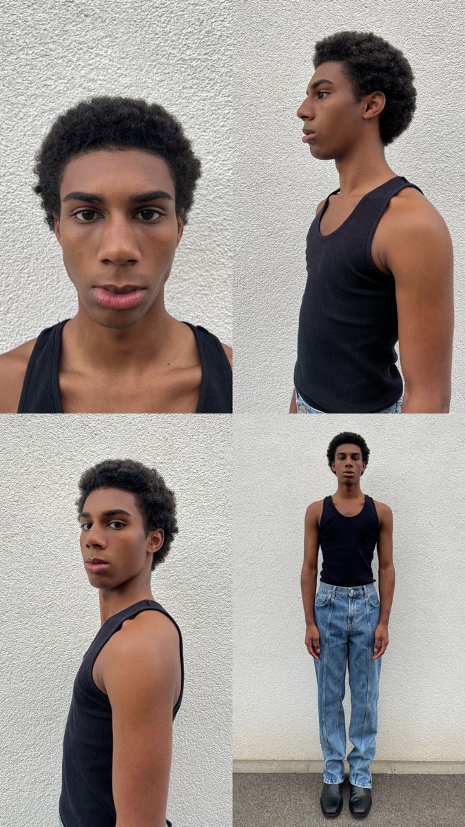 four different shots of a young man in black tank top and blue jeans, standing against a white wall