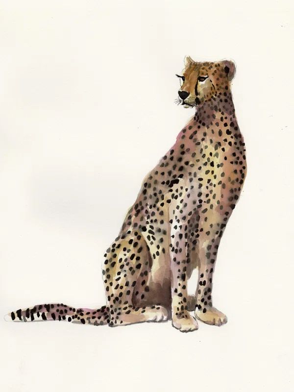 a painting of a cheetah sitting on the ground looking off into the distance