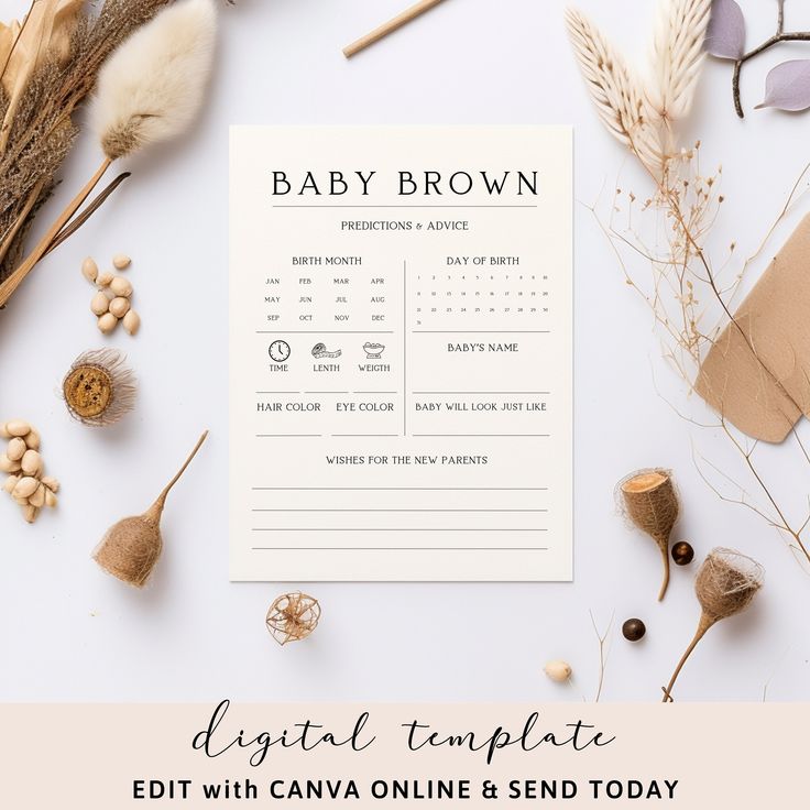 the baby brown birth announcement is displayed next to dried flowers and other items on a white background