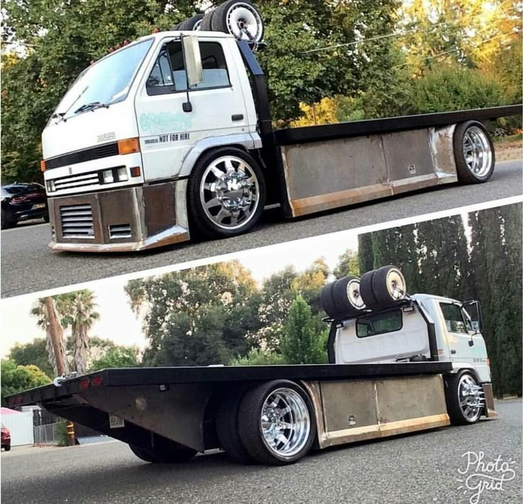 two pictures side by side of a truck with wheels on the back and sides of it's bed