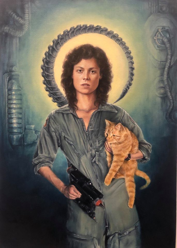 a painting of a woman holding a cat in front of an image of a man