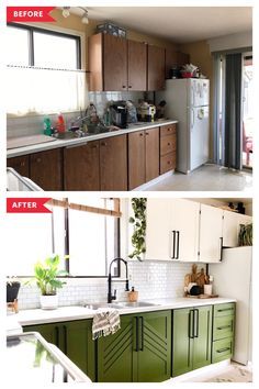 before and after photos of kitchen cabinets painted green