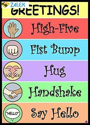 a poster with the words greetings high five fist bump hug handshak say hello