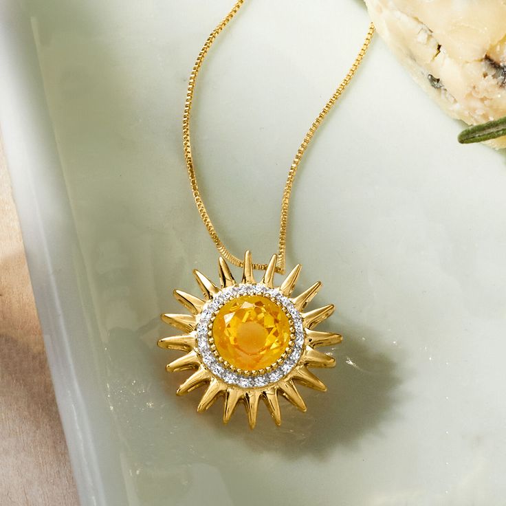 Ross-Simons - 2.00ct Citrine, .10ct t. w. Diamond Sun Pendant Necklace Over Sterling. 18". This vivacious pendant necklace will make you the center of attention. A cheery 2.00 carat citrine hosts an aura of .10 ct. t. w. diamonds, finished with 18kt yellow gold over sterling silver rays. With a noticeable presence, this necklace is for the gal who loves a fun accessory. Box chain. Springring clasp, diamond and citrine pendant necklace. Citrine birthstones are the perfect gift for November birthd Blue Gem Necklace, Citrine Birthstone, Necklace Sun, Pretty Accessories, Jewelry Design Drawing, Sun Necklace, Citrine Jewelry, Sun Pendant, Citrine Pendant