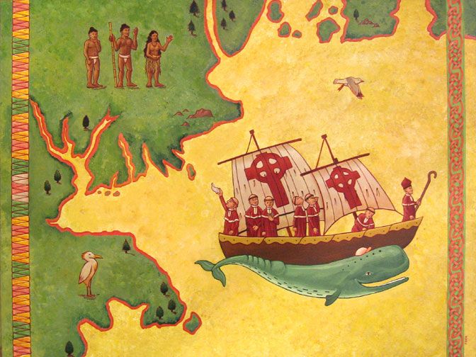 an old painting with people on it and a boat in the water next to a map