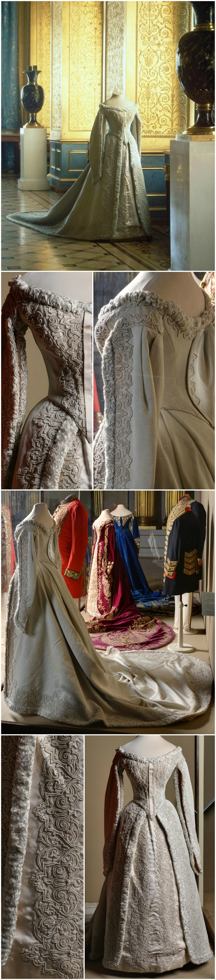 Ceremonial court dress belonging to Empress Alexandra Fyodorovna. Made by the workshop of O. Bulbenkova, St. Petersburg. Silk with rep weave, imitation pearls and fringe. State Hermitage Museum (link: https://www.hermitagemuseum.org/wps/portal/hermitage/digital-collection/08.+Applied+Arts/1263423/?lng=en). Other photos are via Ghosts of Imperial Russia's Tumblr. CLICK FOR VERY LARGE IMAGES. Rep Weave, State Hermitage Museum, Empress Alexandra, Historical Gowns, 1800s Fashion, Hermitage Museum, Court Dresses, Period Dress, Historic Fashion