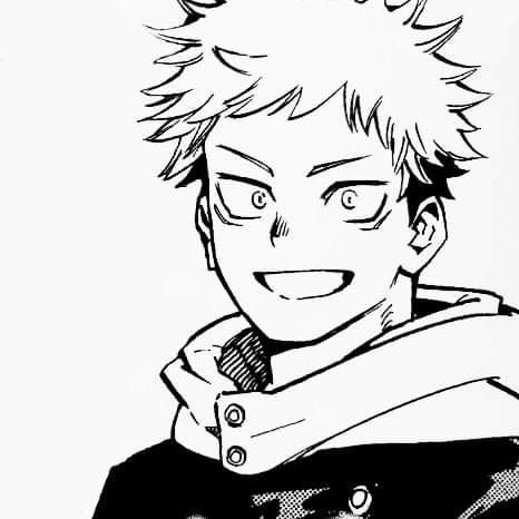 a black and white drawing of an anime character with short hair, smiling at the camera