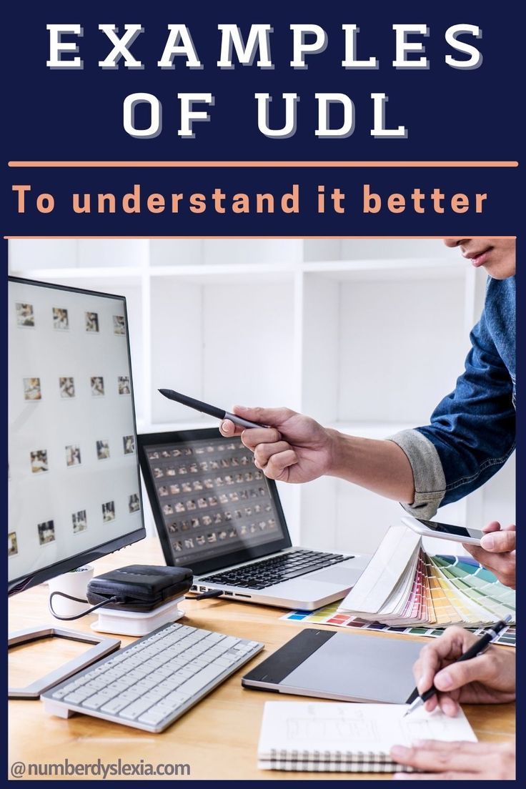 two people at a desk with laptops and papers on it, the title is examples of udl to understand it better