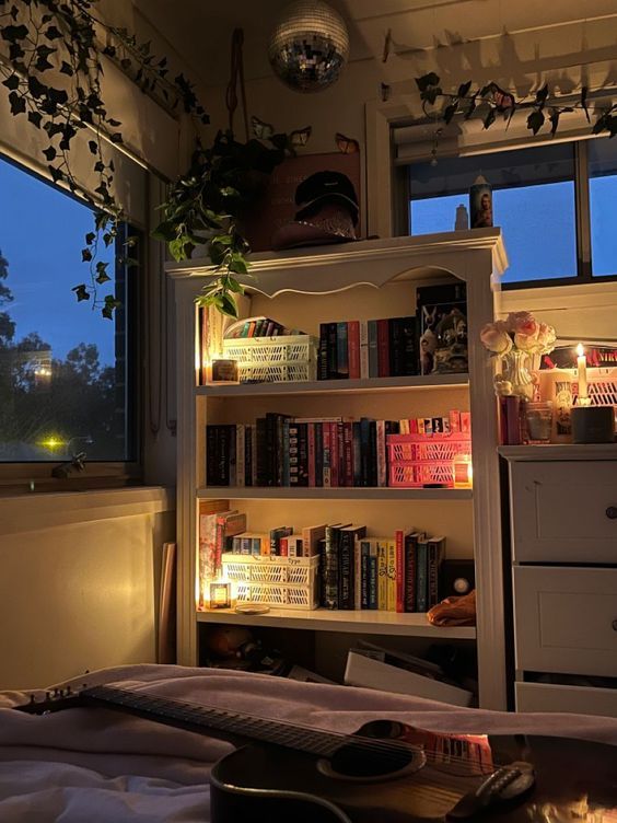 a bedroom with bookshelves and plants in the window sill, next to a bed