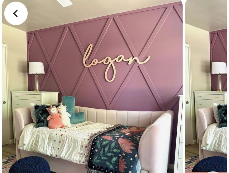 two pictures of a bedroom with purple walls and white bedding, one has a name sign on the wall