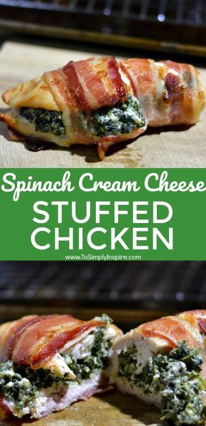 spinach cream cheese stuffed chicken on a cutting board with the words spinach cream cheese stuffed chicken