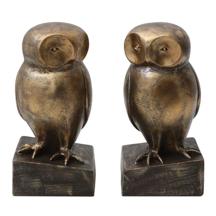 two metal owls sitting on top of wooden blocks