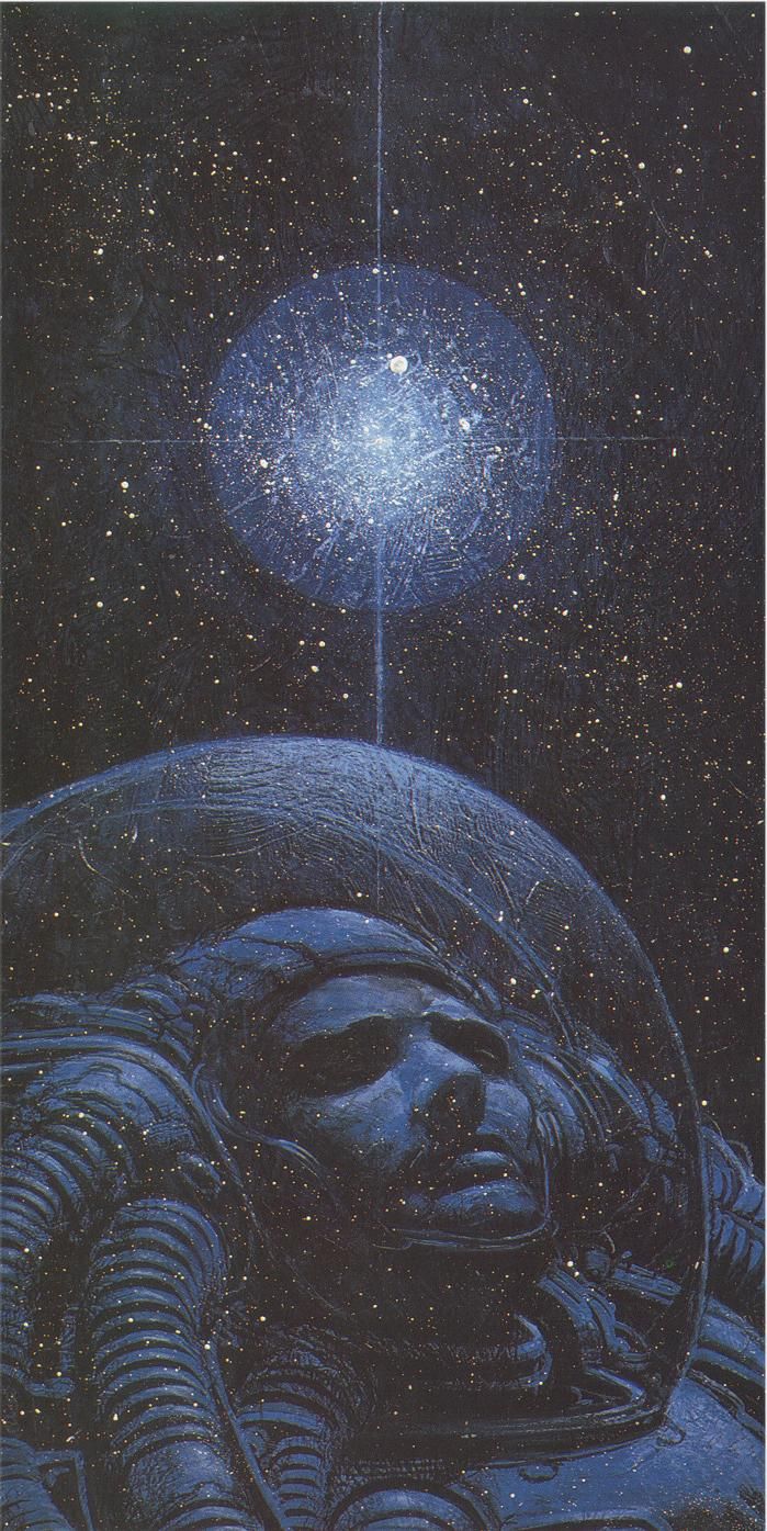 an alien head is shown in front of a star filled sky