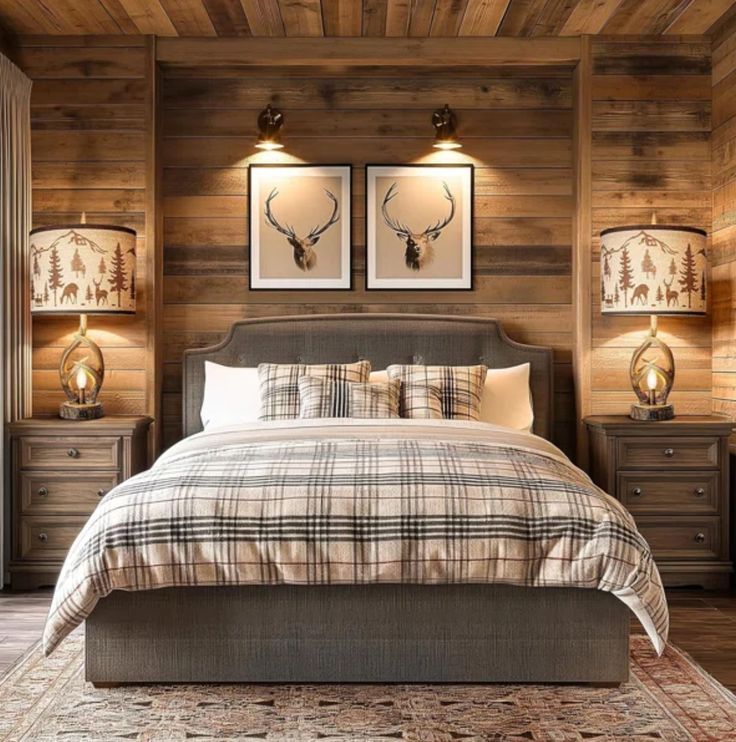 a bedroom with wood paneling and two lamps