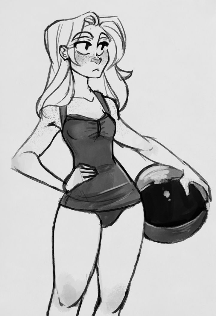 a drawing of a woman in a bathing suit with a hat on her head and hands behind her back