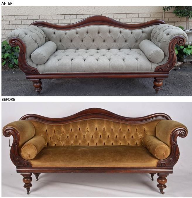 before and after photos of an old couch that has been upholstered with velvet