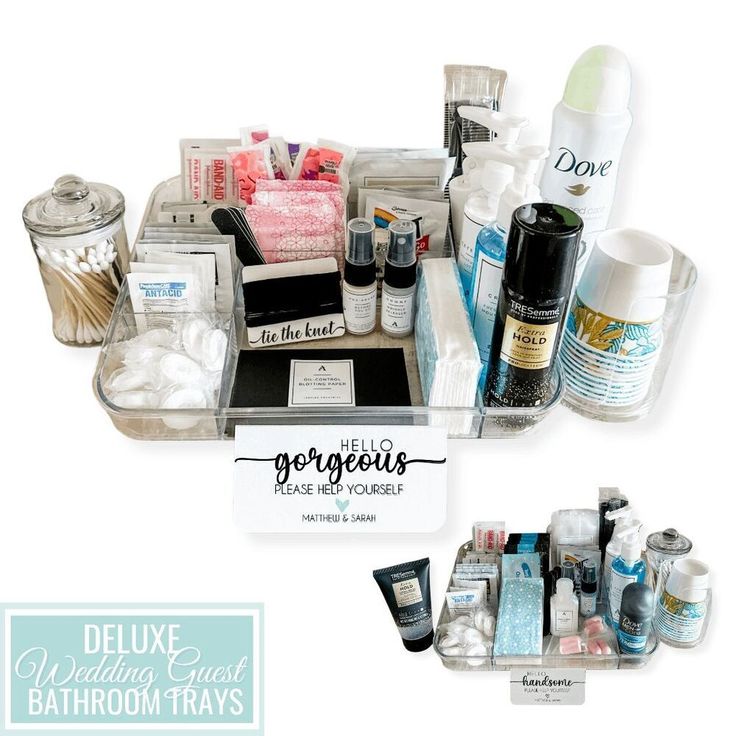 an assortment of personal care products displayed on a tray with the words, deluxe wedding guest bathroom trays