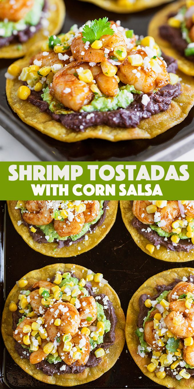 shrimp tostadas with corn salsa on top