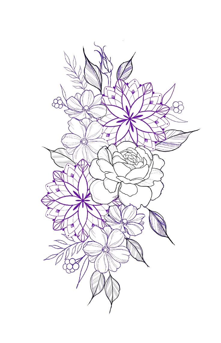 a bouquet of flowers with leaves and buds on a white background is drawn by hand