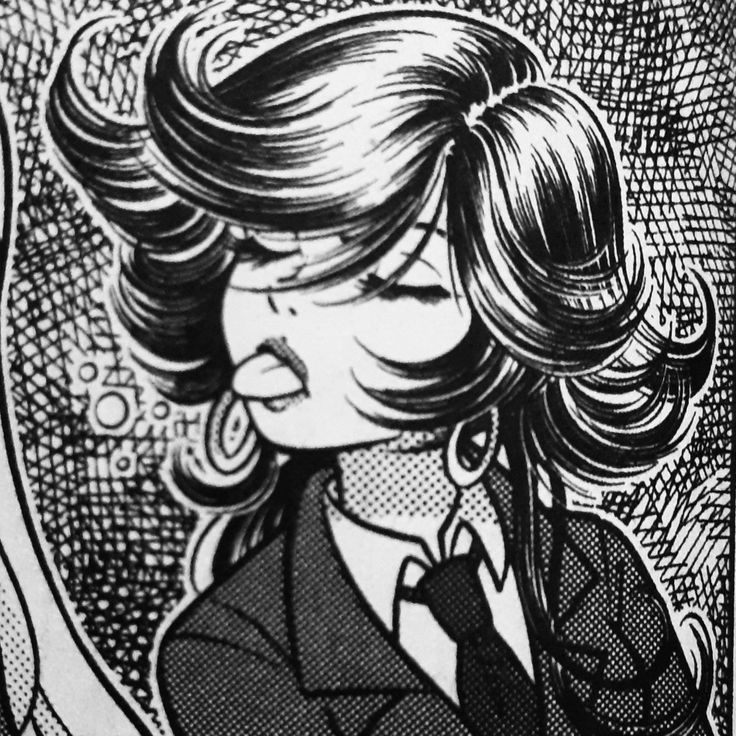 a black and white drawing of a woman with her hair blowing in the wind, wearing a suit