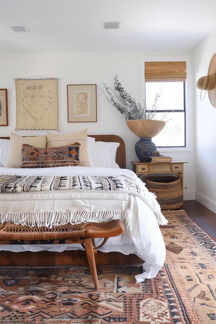 a large bed sitting on top of a wooden floor next to a window covered in pictures