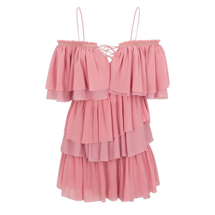 This floaty little number is a rose pink off-shoulder tiered midi dress with multiple ruffles of chiffon and crinkle chiffon that is lightweight and airy.  Each tier is delicately arranged to show a little peek of skin on a mesh lining.  The neckline also features a lace up detail and straps that gives you full range of motion without your dress slipping. 100% polyester  Garment made in NYC to reduce our carbon footprint. Dry clean only Pink Ruffle Dress With Ruffled Straps For Brunch, Pink Tiered Dress With Ruffled Straps For Summer, Elegant Flowy Ruffled Off Shoulder Dress, Elegant Flowy Off Shoulder Dress With Ruffles, Feminine Flowy Tiered Dress For Parties, Elegant Pink Tiered Dress With Ruffles, Pink Tiered Ruffle Dress For Brunch, Flowy Ruffled Off Shoulder Dress For Summer, Flowy Off Shoulder Ruffle Dress For Summer