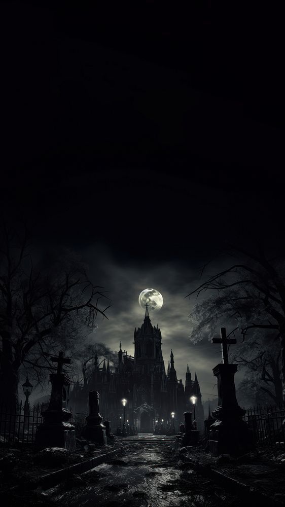 a dark cemetery with the moon in the background