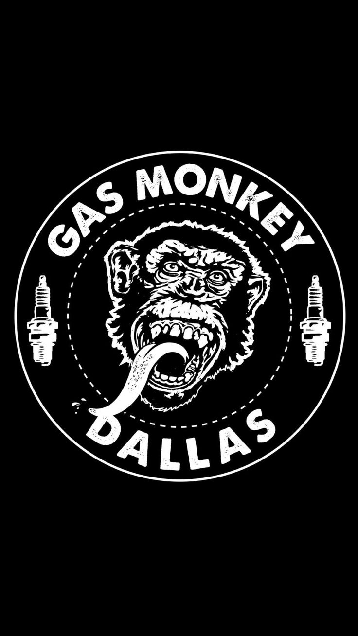 the gas monkey logo is shown in white on a black background, and features an image of a monkey's head