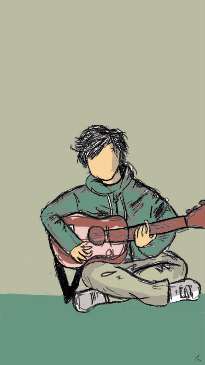 a drawing of a person sitting on the ground playing a guitar