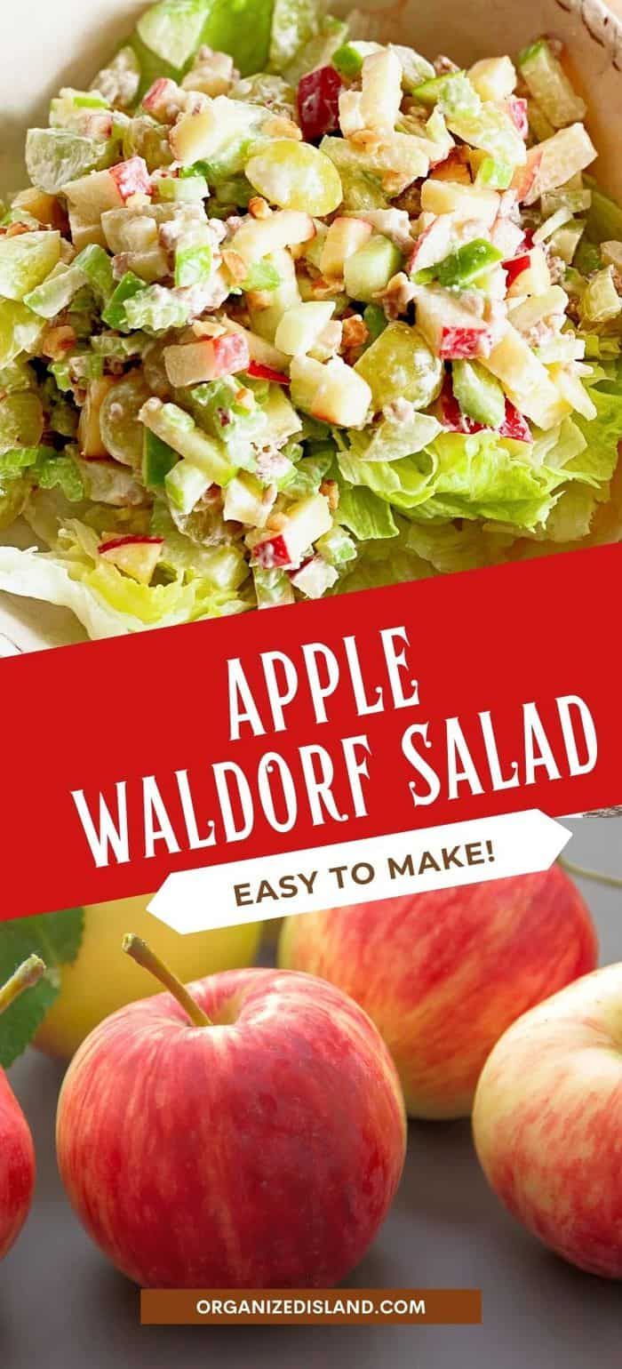 an apple salad with lettuce, apples and other fruits in the background text overlay reads apple waldorf salad easy to make