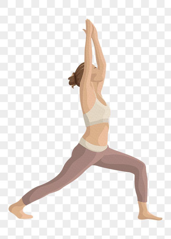 a woman doing yoga poses with her hands in the air, transparent background png