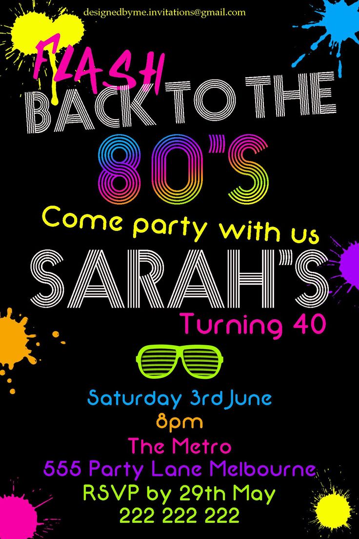 the back to the 80's party with neon colors and glasses on black background