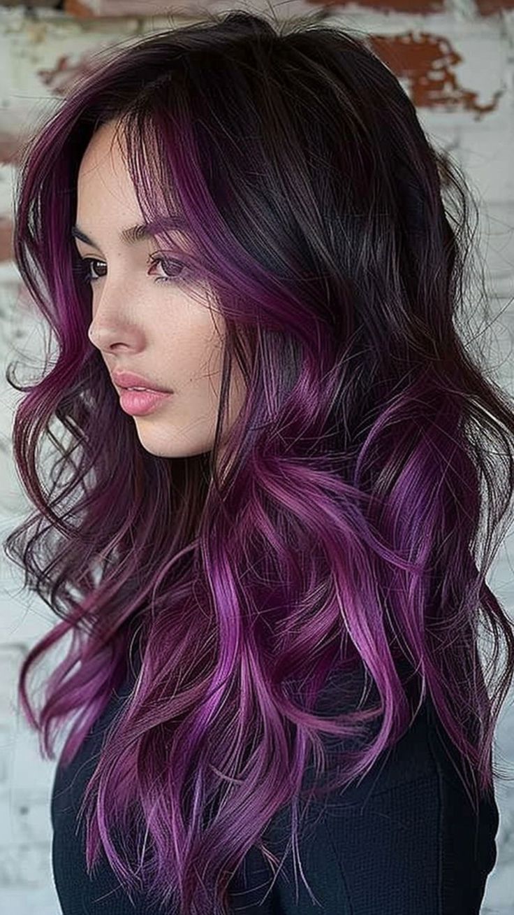 Maroon And Purple Hair, Funky Coloured Hair, Coloured Hair Inspiration, Brown Purple Ombre Hair, Black Ombre Hair Color, Long Coloured Hair, Purple Hair With Brown, Purple In Brown Hair, Purple Hair Dye Ideas For Brunettes