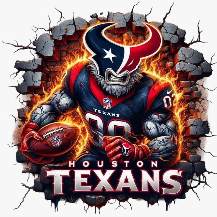 the houston texans football team is depicted on a cracked wall with fire and flames around it