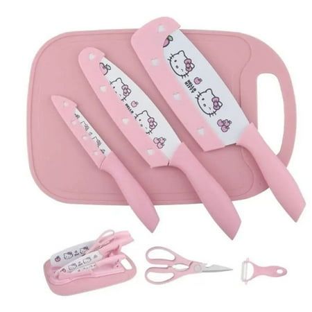 three pink hello kitty kitchen knives and utensils