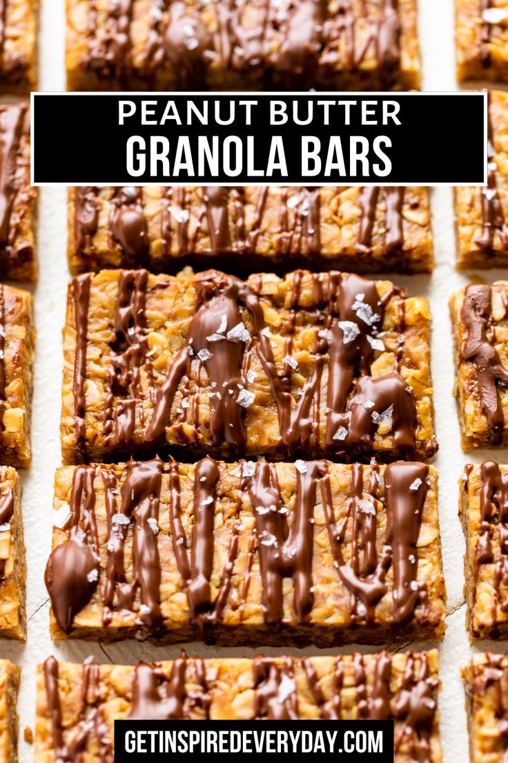 peanut butter granola bars with chocolate drizzled on top and text overlay