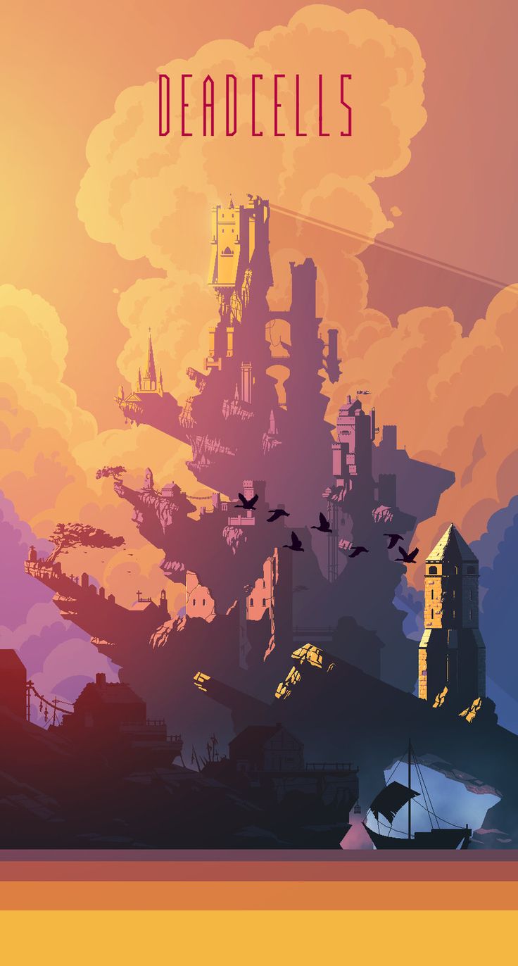 the poster for deadcells is shown in front of a sunset sky with birds flying over it