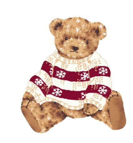 a brown teddy bear wearing a red and white sweater