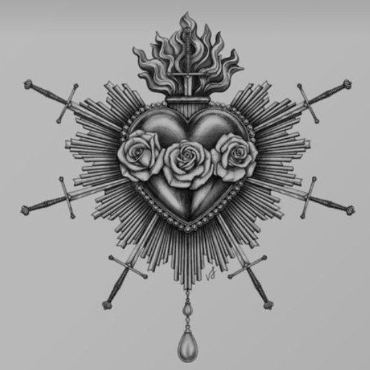 a drawing of a heart with roses in the center and two swords on each side