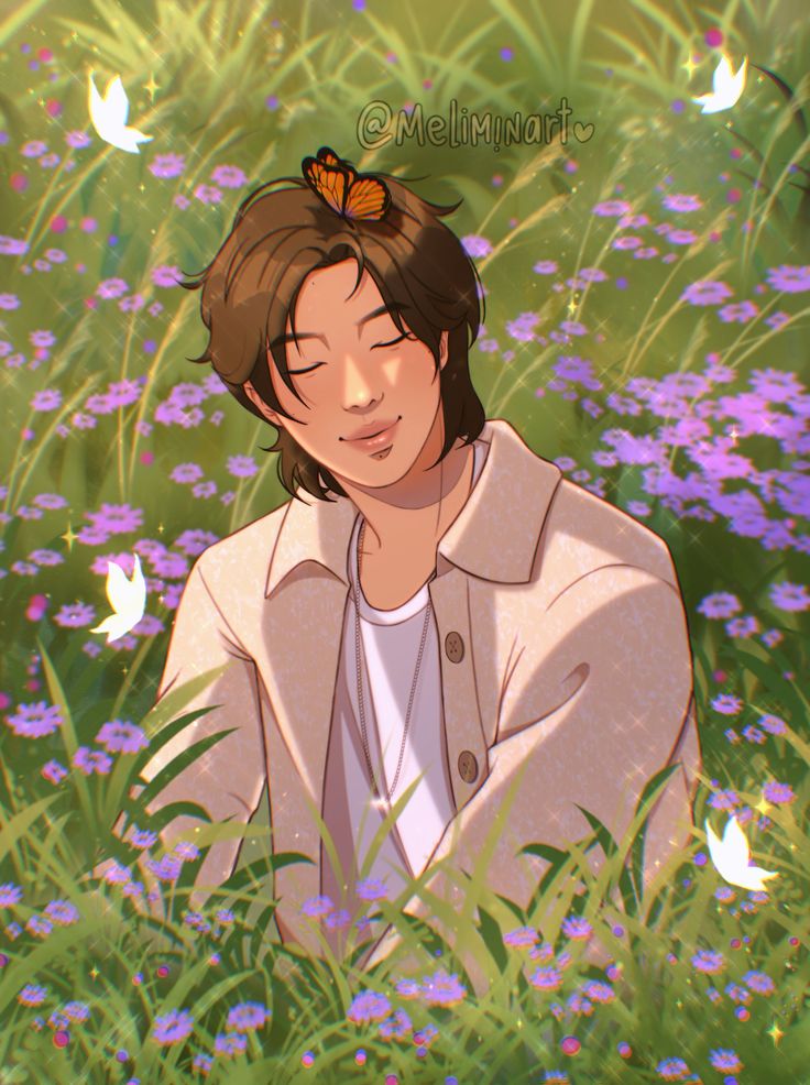 an anime character sitting in the grass with butterflies on his head