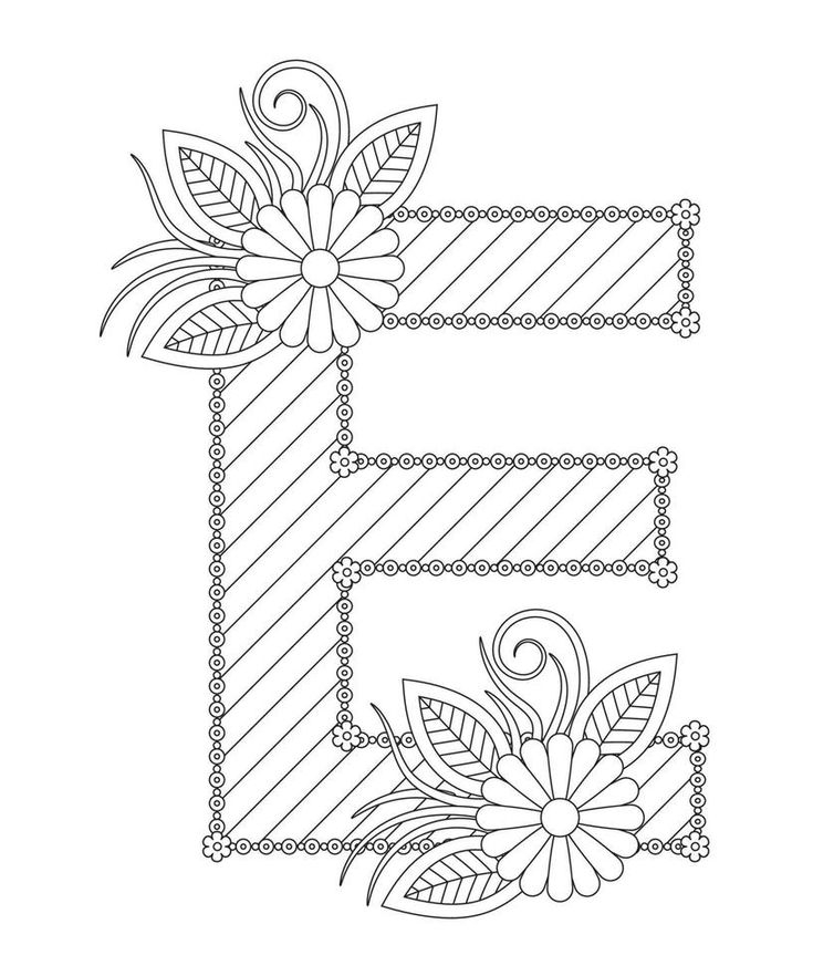 the letter e with flowers and leaves on it is outlined in black and white ink