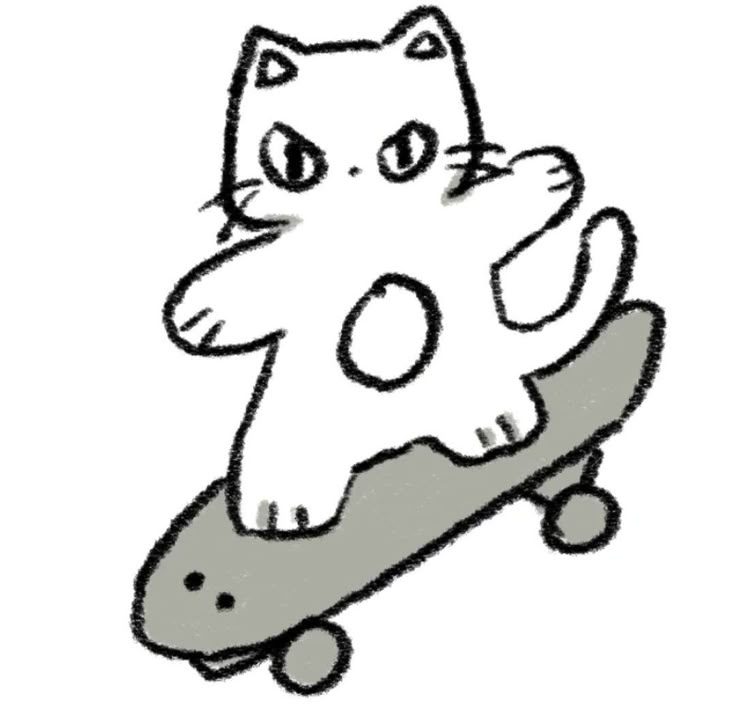 a drawing of a cat sitting on top of a skateboard with its paws resting on the board