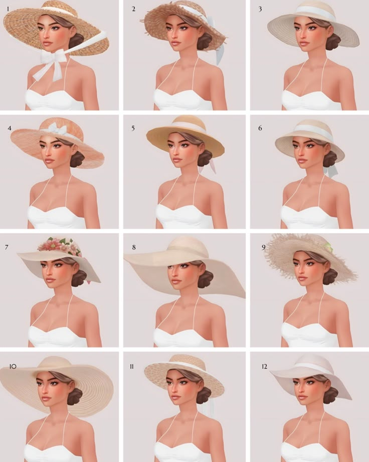 many hats are shown in different positions and sizes, including the brimmed hat